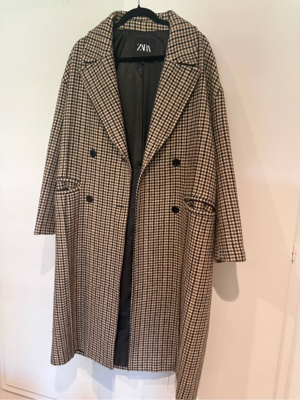 Zara Houndstooth Double-Breasted Long Coat - Black & Cream